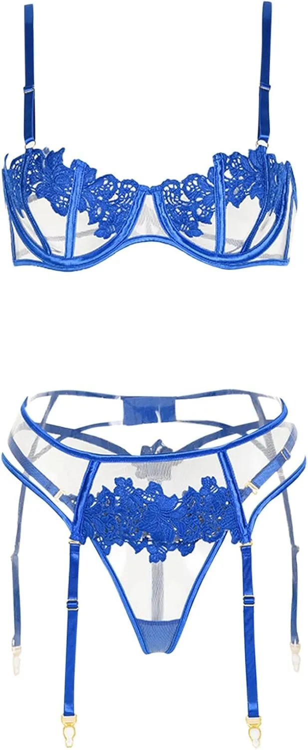 Bra Lingerie for Women Lace Flower Embroidery Sexy Lingeriet Tight Underwear Fishnet Stockings