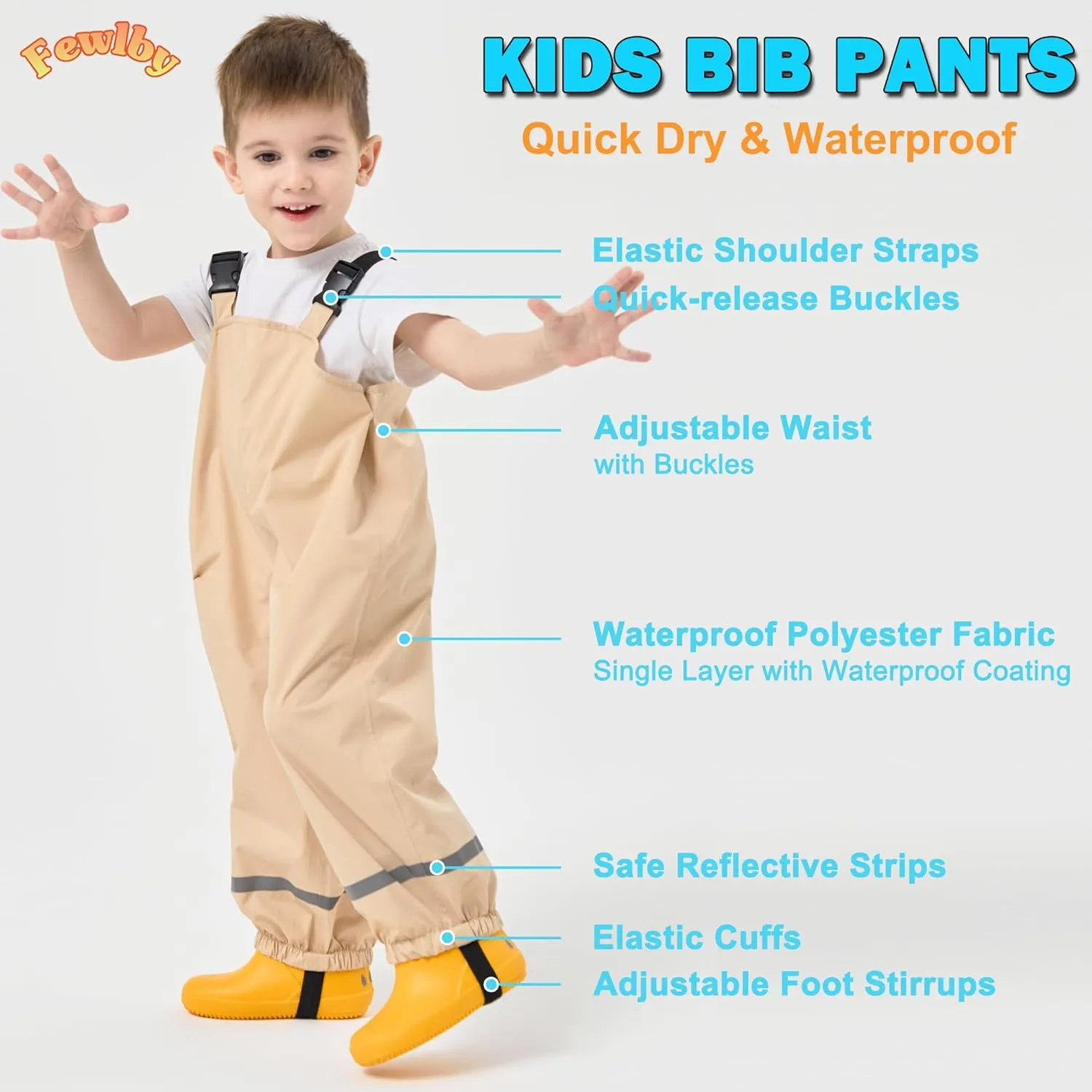 Fewlby Kids Rain Bib Pants, Toddlers Waterproof Suspender Dirty Proof Rain Wear for Boys and Girls
