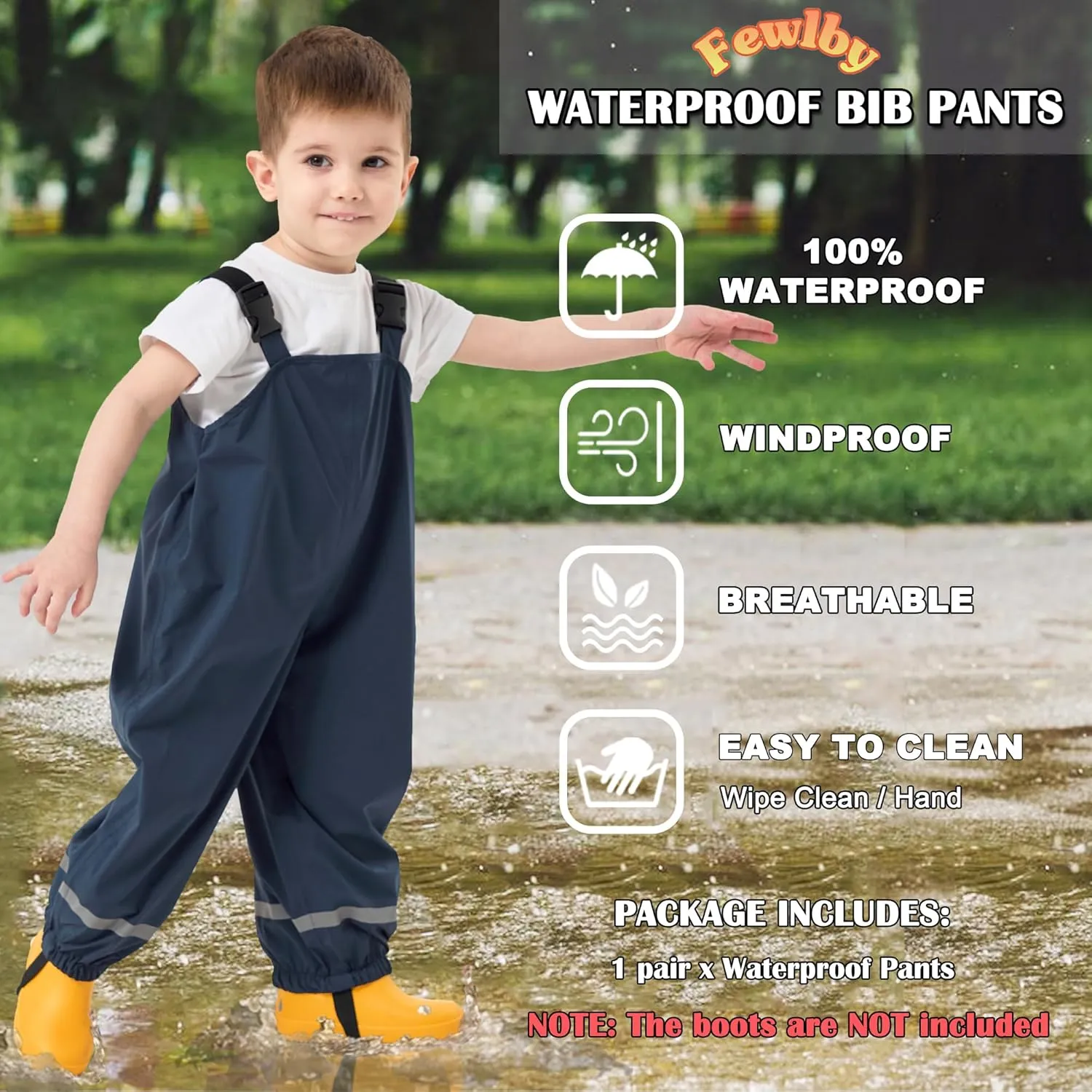 Fewlby Kids Rain Bib Pants, Toddlers Waterproof Suspender Dirty Proof Rain Wear for Boys and Girls