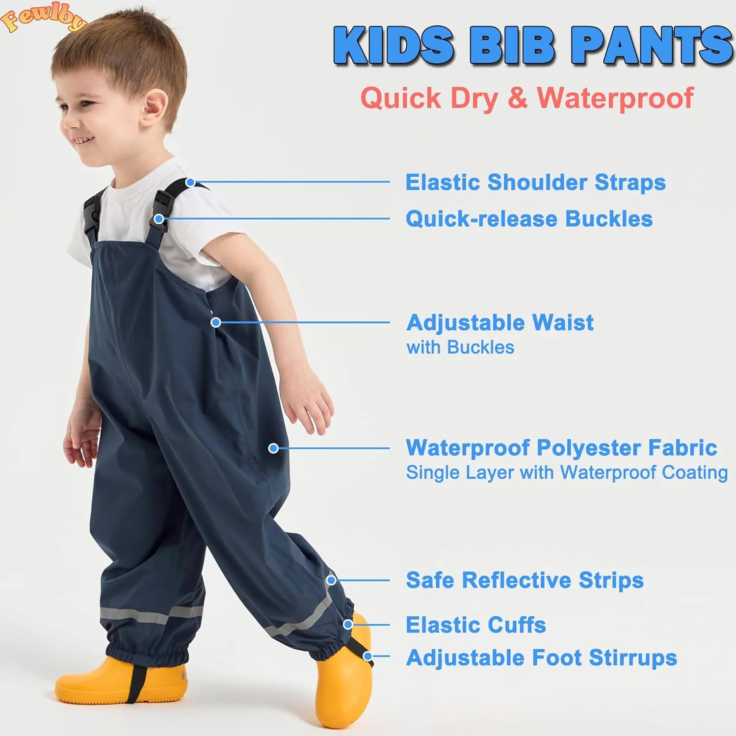 Fewlby Kids Rain Bib Pants, Toddlers Waterproof Suspender Dirty Proof Rain Wear for Boys and Girls
