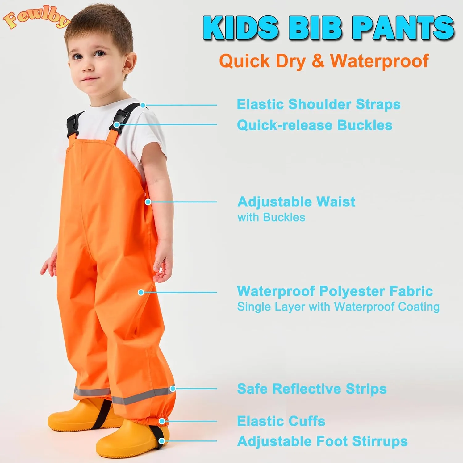 Fewlby Kids Rain Bib Pants, Toddlers Waterproof Suspender Dirty Proof Rain Wear for Boys and Girls