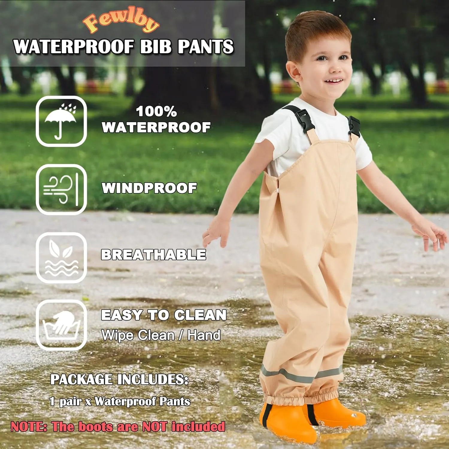Fewlby Kids Rain Bib Pants, Toddlers Waterproof Suspender Dirty Proof Rain Wear for Boys and Girls