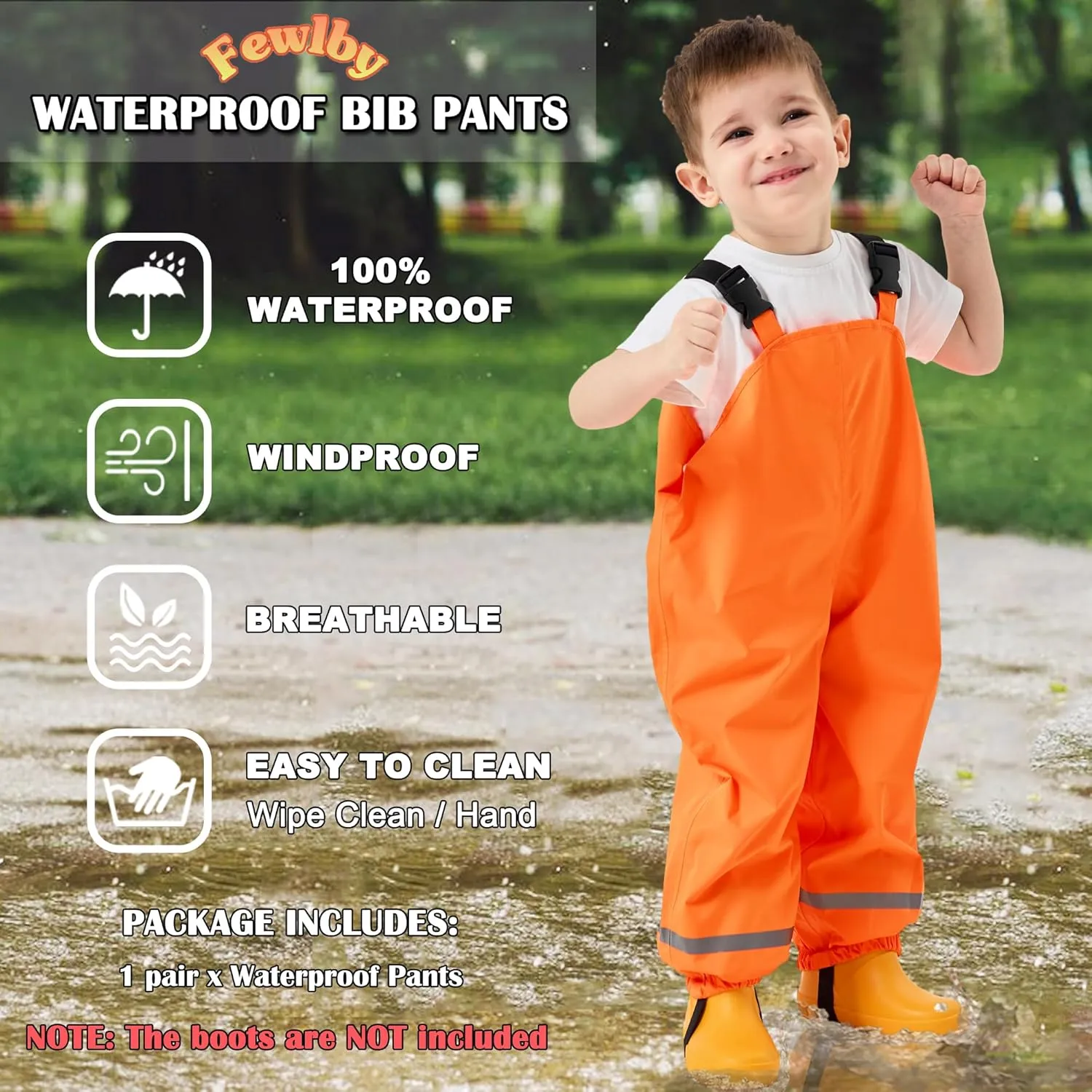 Fewlby Kids Rain Bib Pants, Toddlers Waterproof Suspender Dirty Proof Rain Wear for Boys and Girls