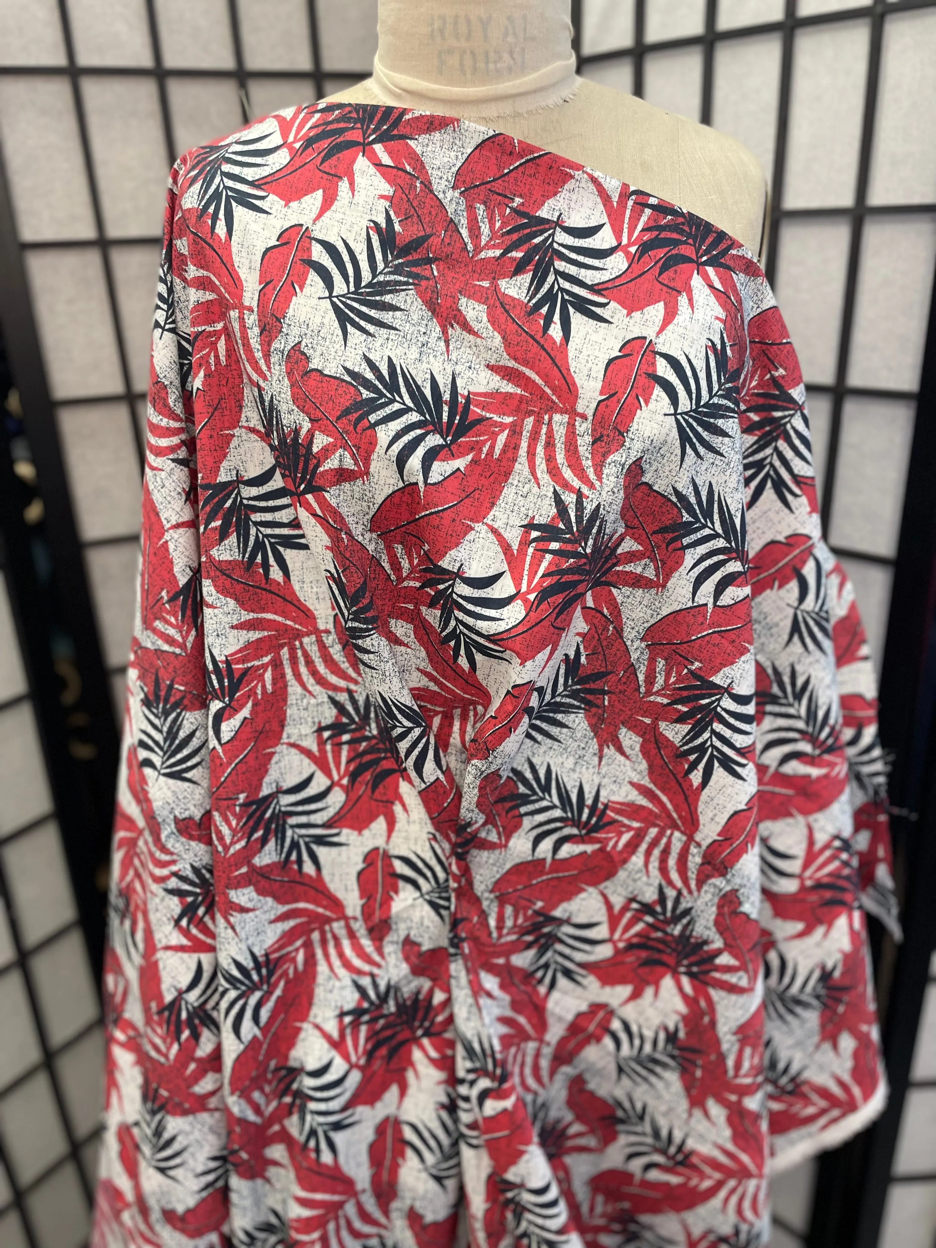 Floral Leaf Print Cotton Poplin - Red, Navy & White