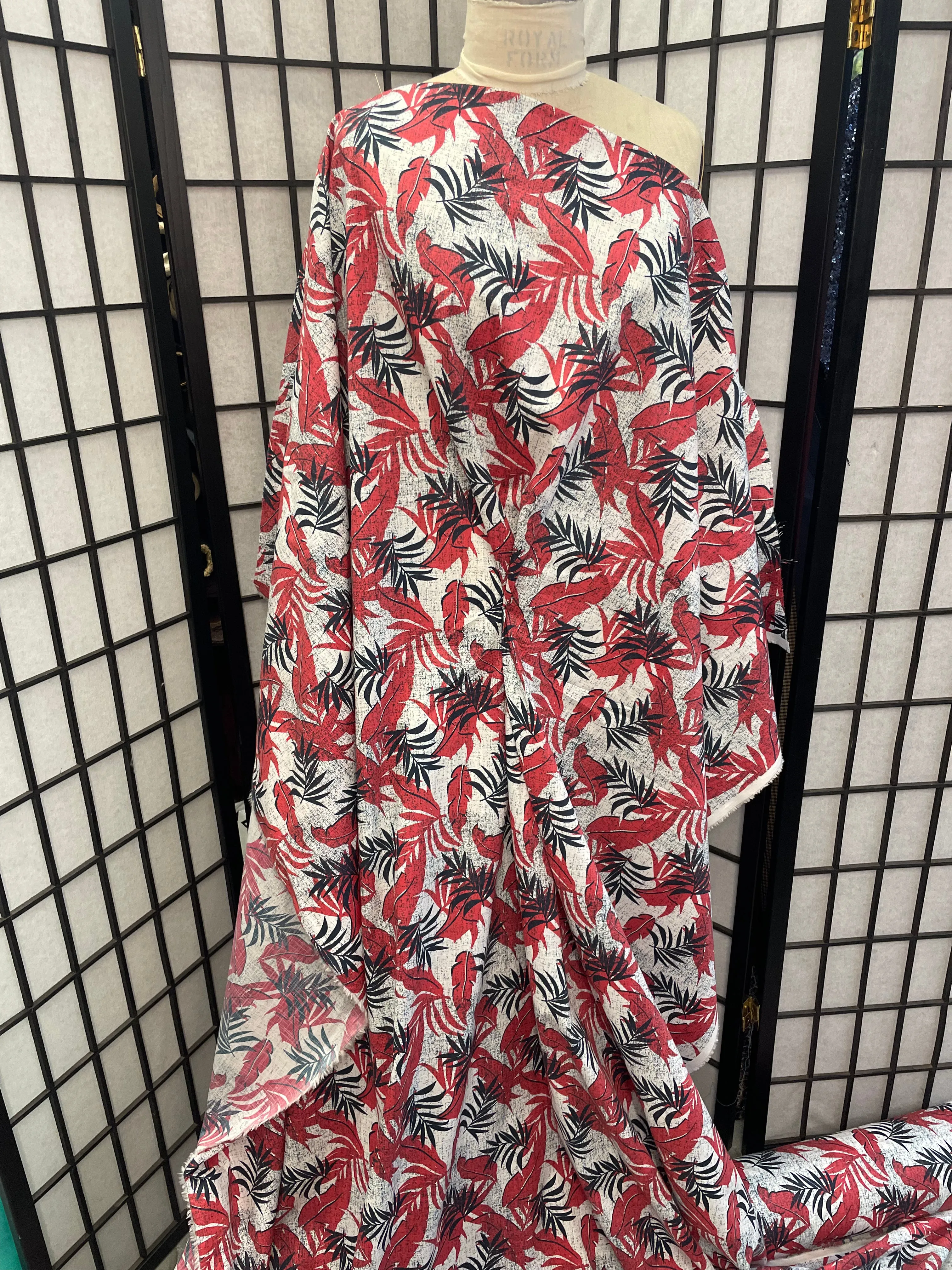 Floral Leaf Print Cotton Poplin - Red, Navy & White