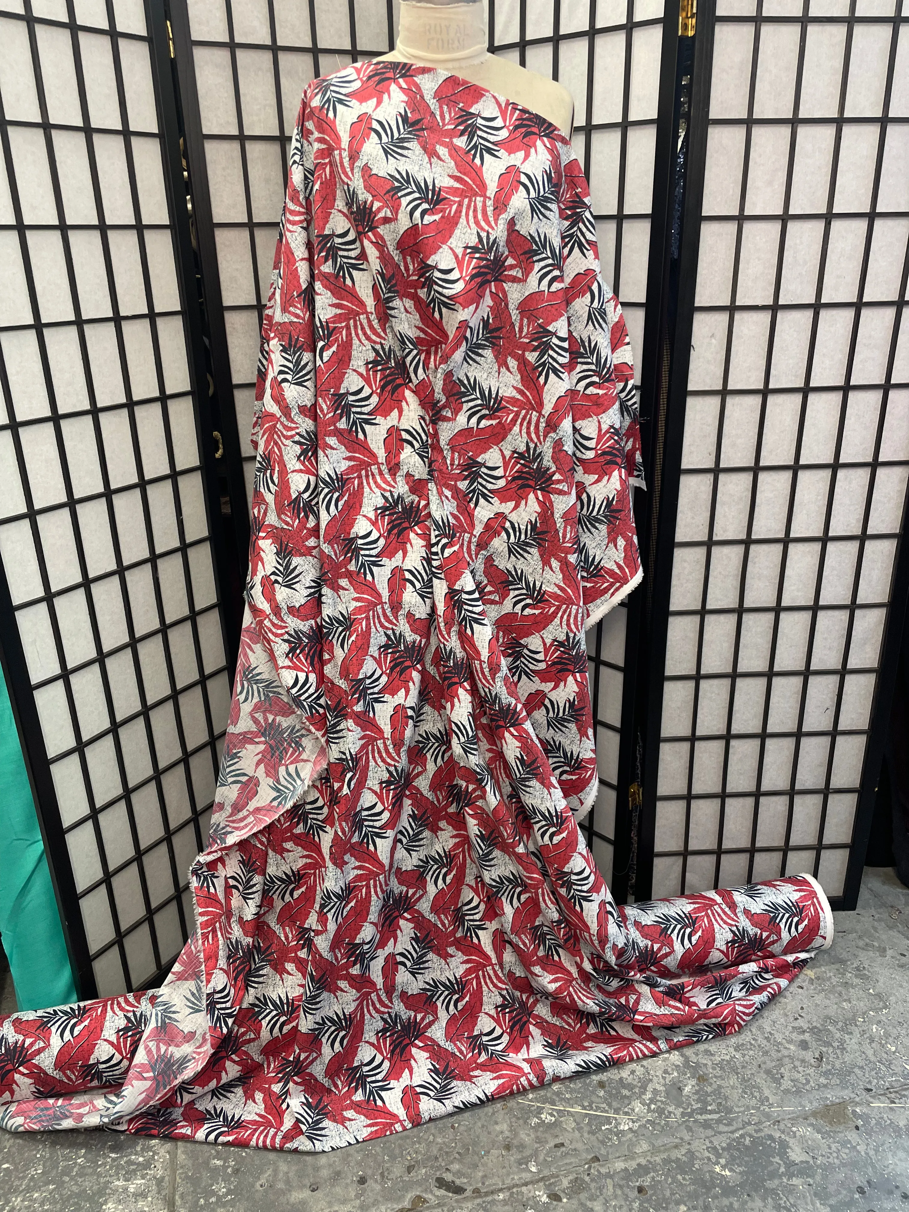 Floral Leaf Print Cotton Poplin - Red, Navy & White