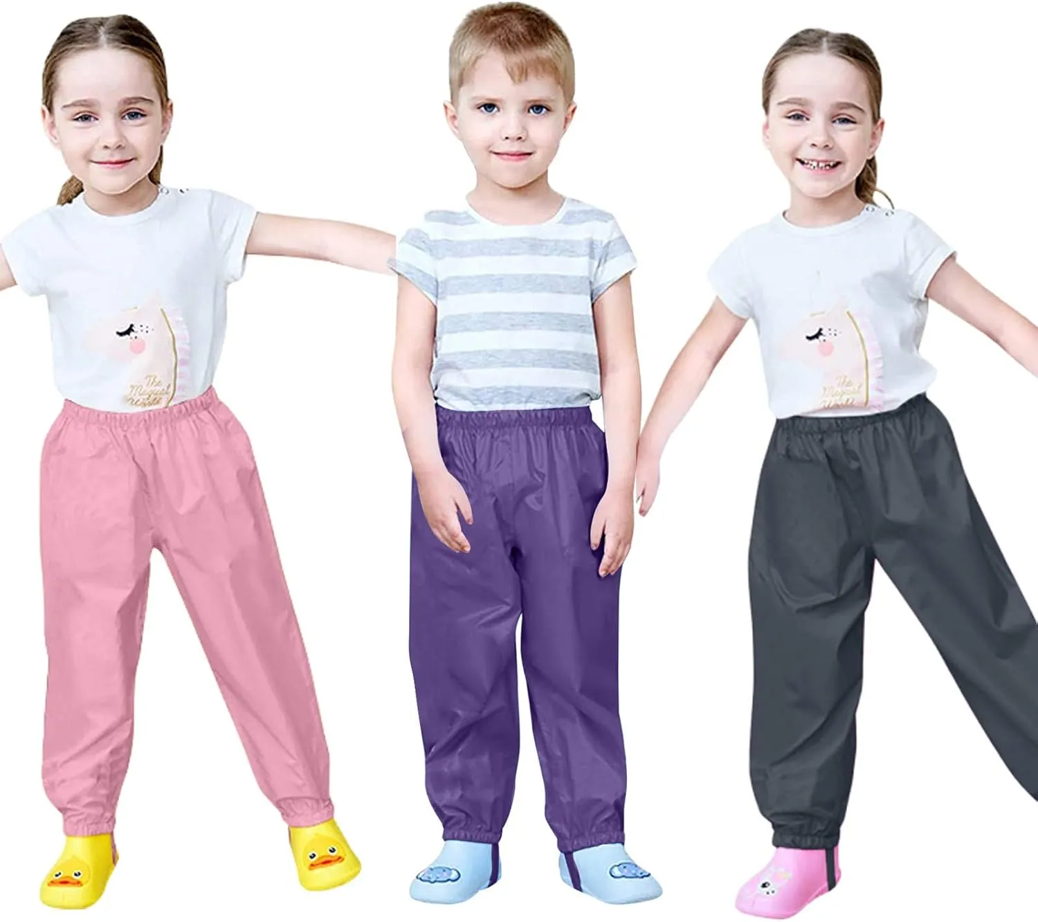 Kids Girls Boys Solid Rain Pants Toddler Windproof Mud Trousers with Elastic Cuffs Outdoor Lightweight Overalls