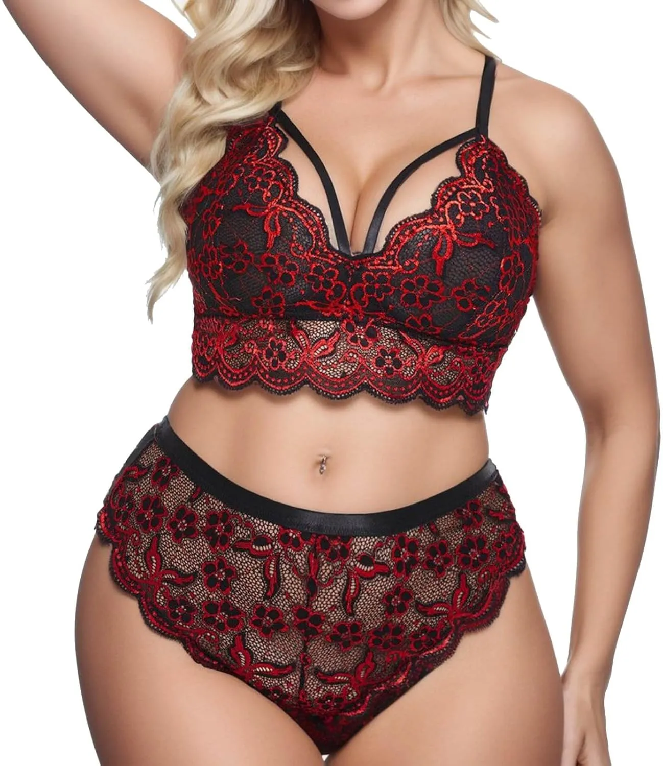 Lace Pajama Set for Women with Robe Scallop Trim Garter Lingerie High Waist Bra