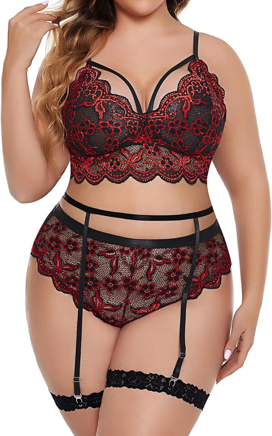 Lace Pajama Set for Women with Robe Scallop Trim Garter Lingerie High Waist Bra