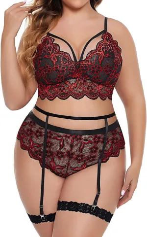 Lace Pajama Set for Women with Robe Scallop Trim Garter Lingerie High Waist Bra
