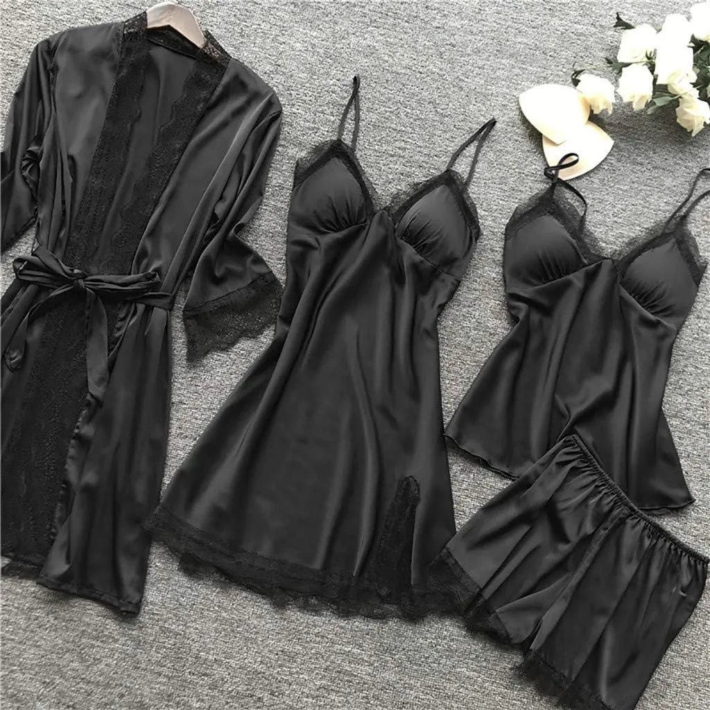 Negligee plus Size Women Lace Robe Dress Set Pajamas Nightdress Silk Submissive Lingerie Leather