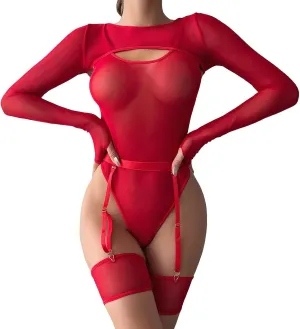 plus Size Women Lingerie Nightgown Cutout Sling Transparent Tight Sexy Lace Red Set