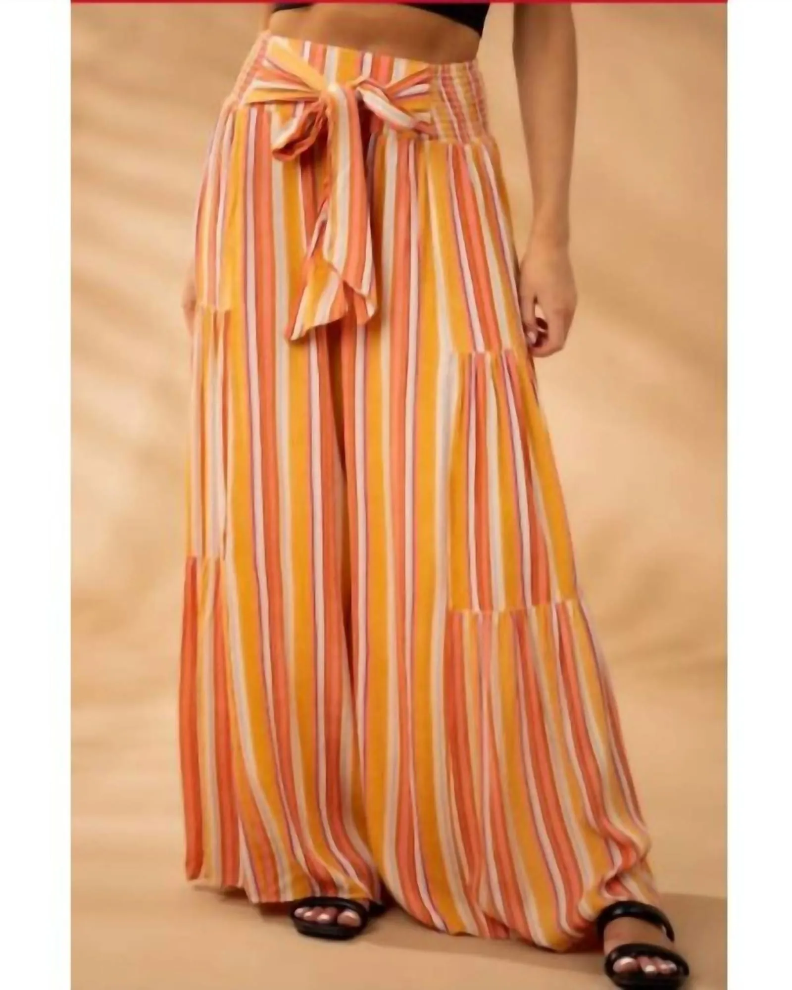 Striped Front Tie Flowy Wide Leg Pants in Multi | Multi