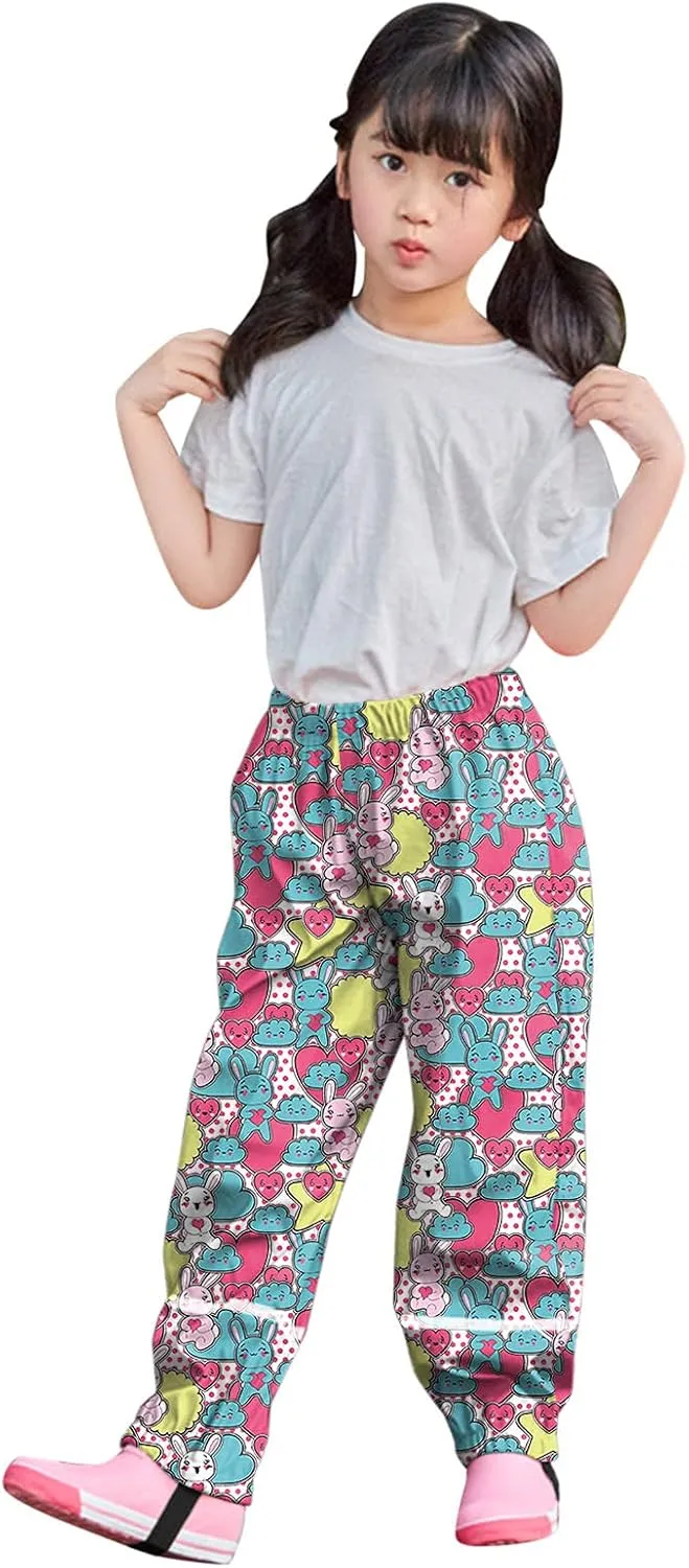 Toddler Girls Cute Aniamls Cartoon Rain Pants Waterproof Kids Boys Dirty Proof Cotton Lined Reflective Hiking Pants