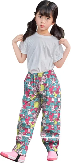 Toddler Girls Cute Aniamls Cartoon Rain Pants Waterproof Kids Boys Dirty Proof Cotton Lined Reflective Hiking Pants