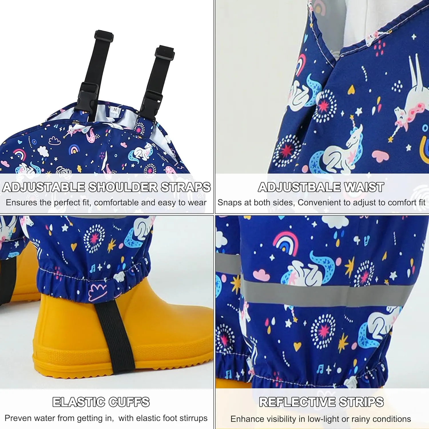 Toddler Waterproof Rain Bib Pants, Girls Rain Pants Kids Cartoon Rain Trousers Lightweight Mud Pants Rainwear
