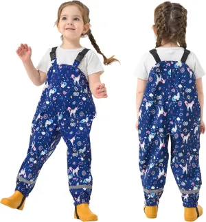 Toddler Waterproof Rain Bib Pants, Girls Rain Pants Kids Cartoon Rain Trousers Lightweight Mud Pants Rainwear