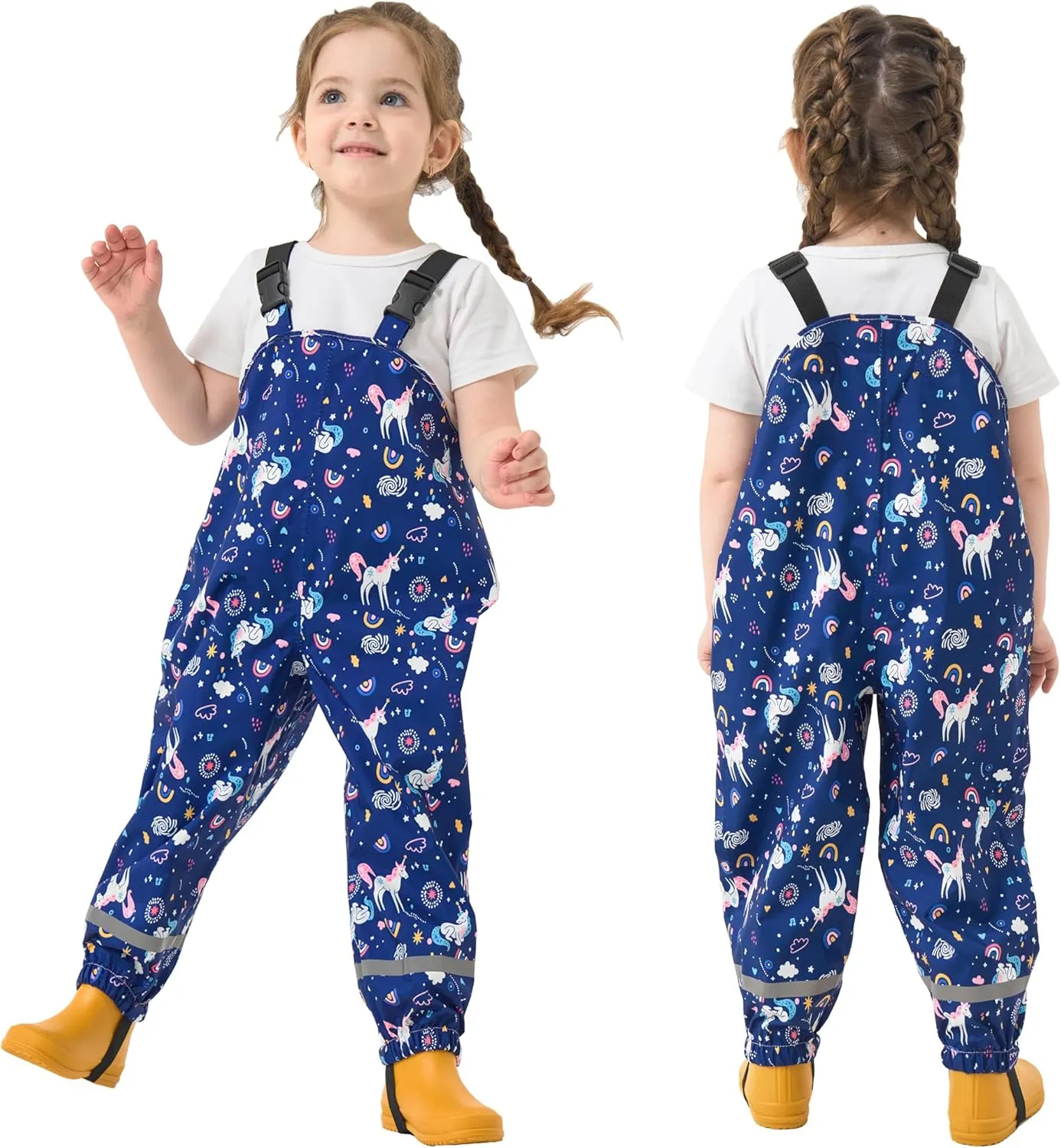 Toddler Waterproof Rain Bib Pants, Girls Rain Pants Kids Cartoon Rain Trousers Lightweight Mud Pants Rainwear