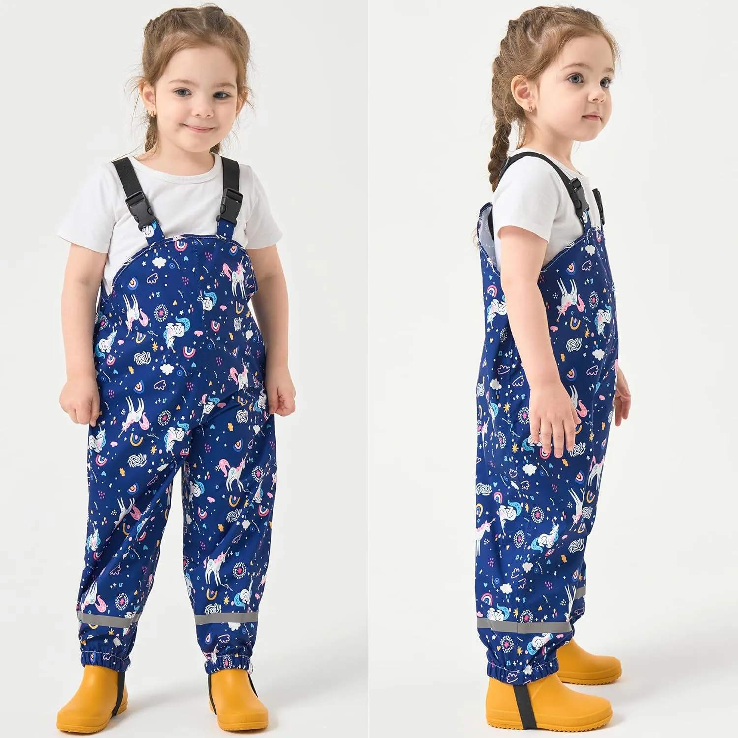 Toddler Waterproof Rain Bib Pants, Girls Rain Pants Kids Cartoon Rain Trousers Lightweight Mud Pants Rainwear