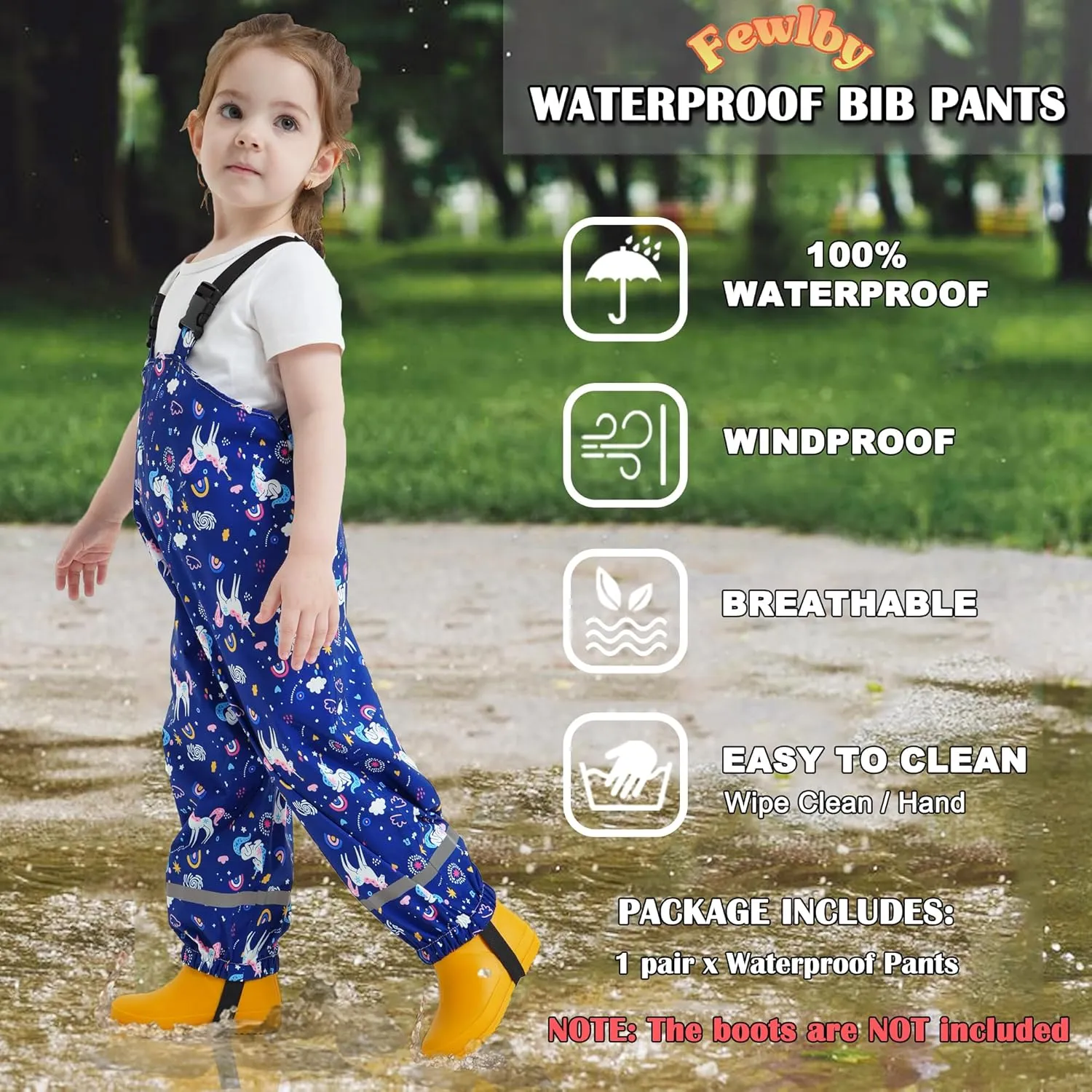 Toddler Waterproof Rain Bib Pants, Girls Rain Pants Kids Cartoon Rain Trousers Lightweight Mud Pants Rainwear