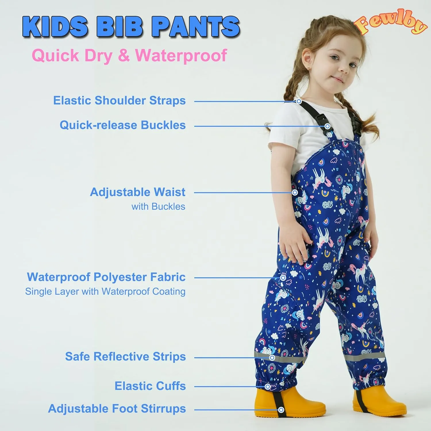 Toddler Waterproof Rain Bib Pants, Girls Rain Pants Kids Cartoon Rain Trousers Lightweight Mud Pants Rainwear