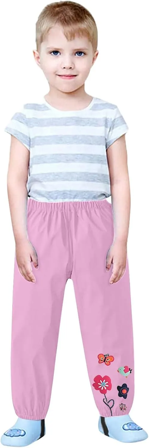 Toddler Waterproof Rain Pants Dirty Proof Windbreak Cute Flower Print Mud Pants for Girls Boys Rain Splash Pants