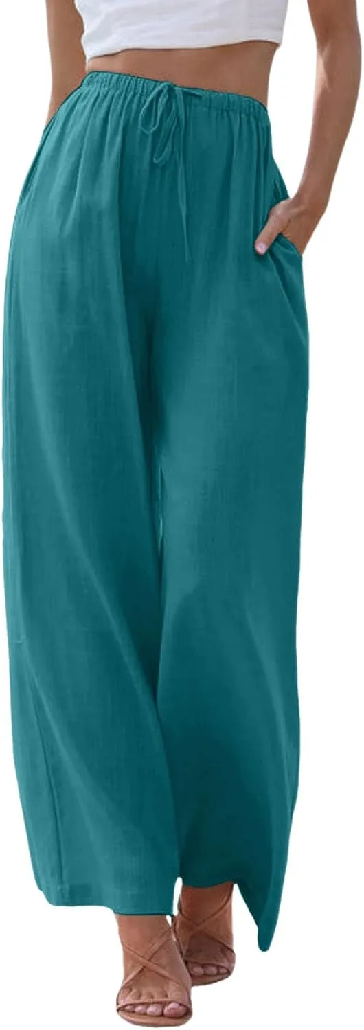Women High Waisted Wide Leg Pants Drawstring Elastic Trousers Comfy Straight Leg Long Pants with Pockets