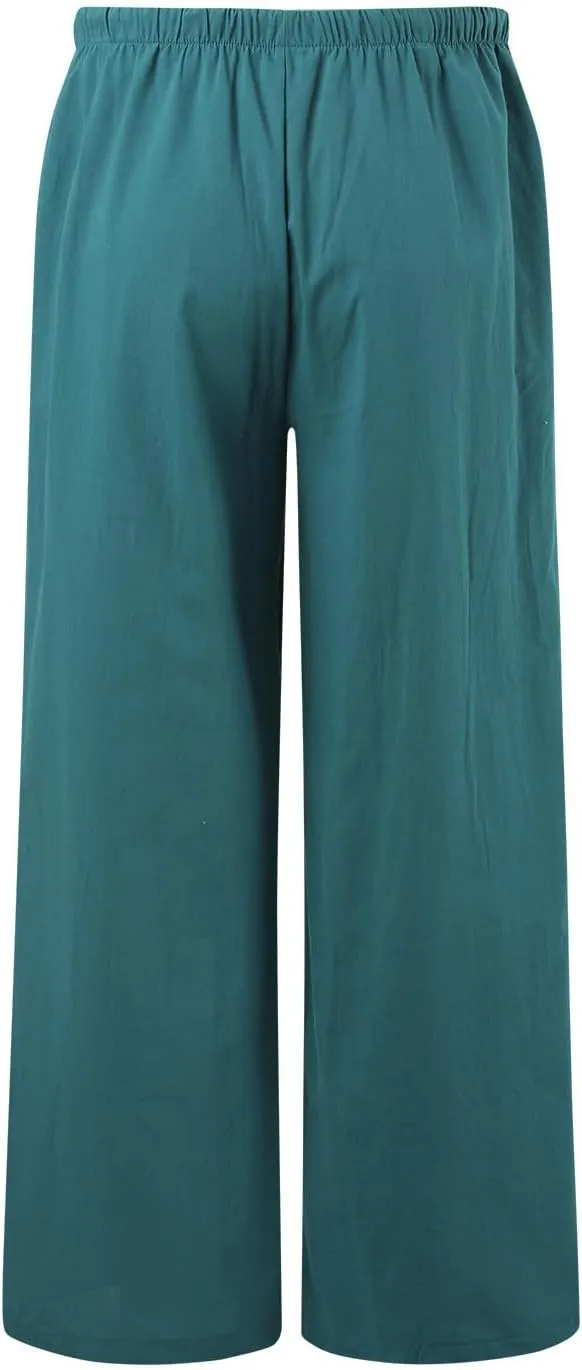 Women High Waisted Wide Leg Pants Drawstring Elastic Trousers Comfy Straight Leg Long Pants with Pockets