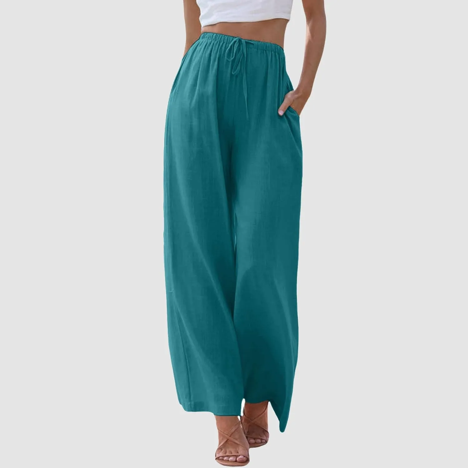 Women High Waisted Wide Leg Pants Drawstring Elastic Trousers Comfy Straight Leg Long Pants with Pockets