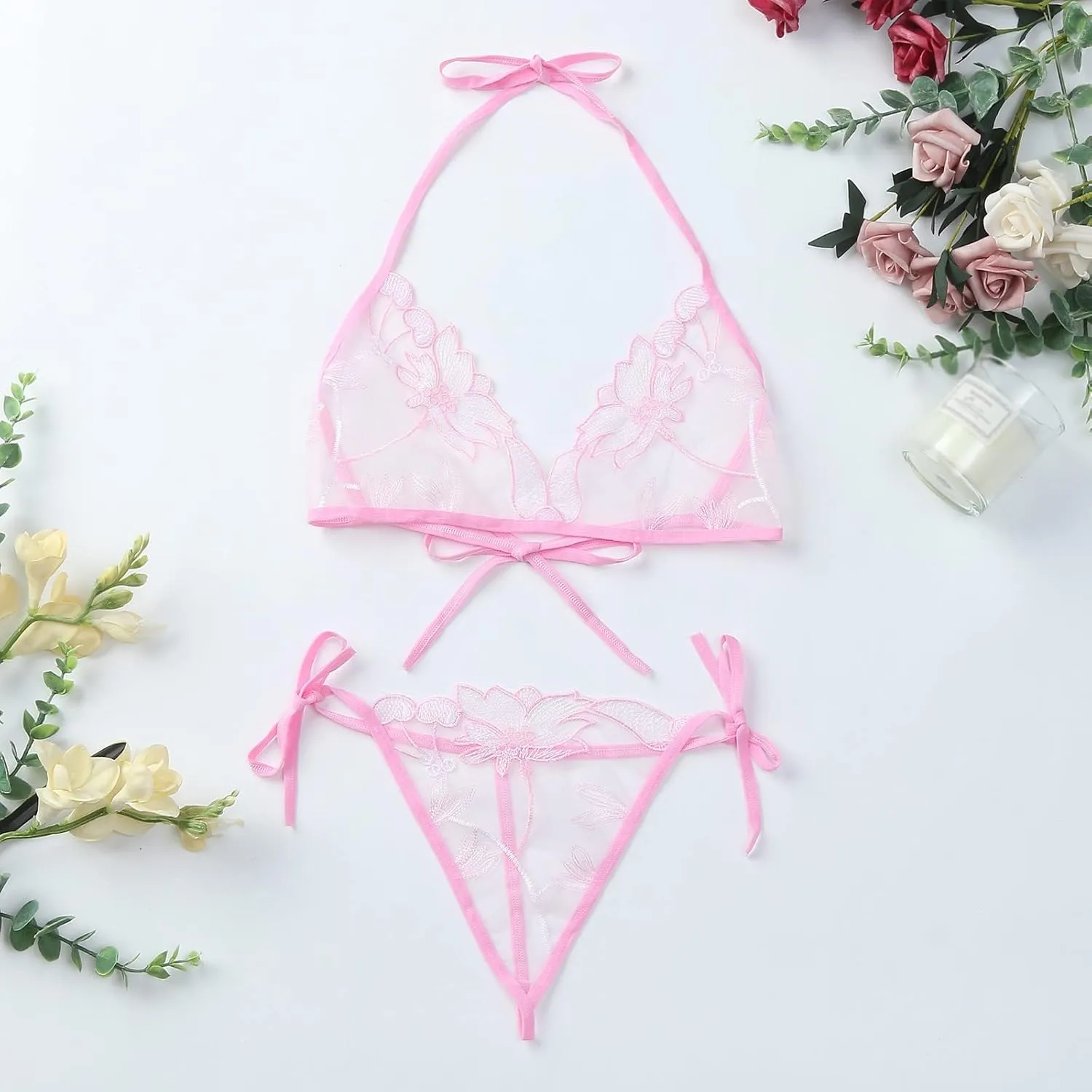 Women Lingerie Sets Sexy Lace Adjustable Flower Embroidery G String Trouser Set 2 Piece Woman