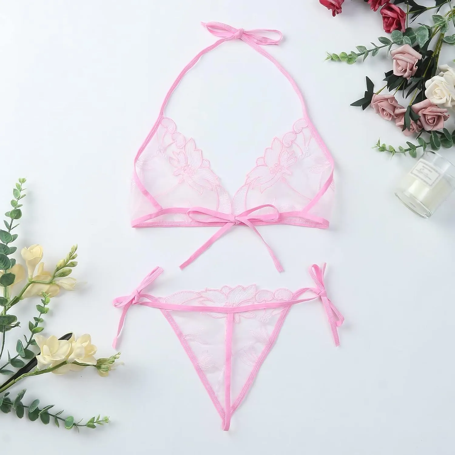 Women Lingerie Sets Sexy Lace Adjustable Flower Embroidery G String Trouser Set 2 Piece Woman