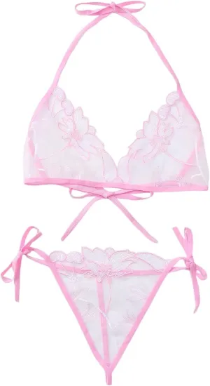 Women Lingerie Sets Sexy Lace Adjustable Flower Embroidery G String Trouser Set 2 Piece Woman