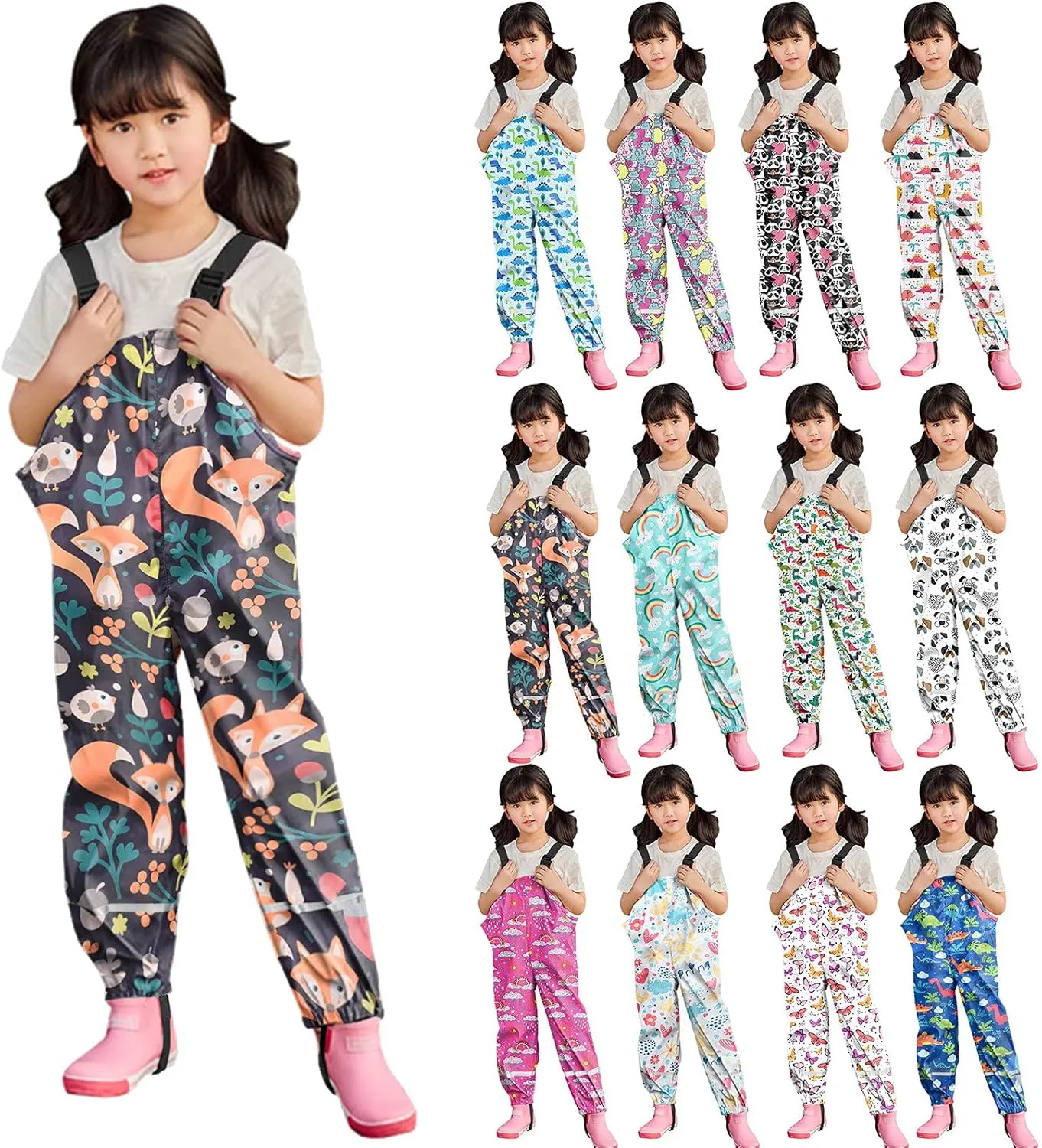 Youth Kids Waterproof Rain Pants Dirty Proof Suspender Trousers for Girls Boys Cute Cartoon Rain Overalls Outdoor